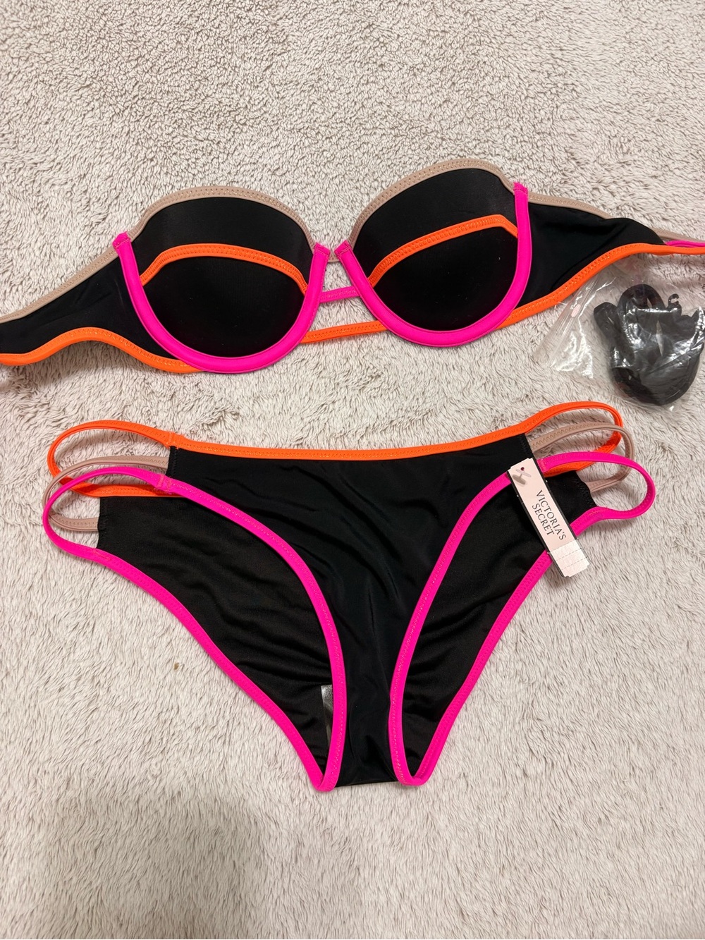 Victoria's Secret Black Bikini Set with Pink & Orange Trim